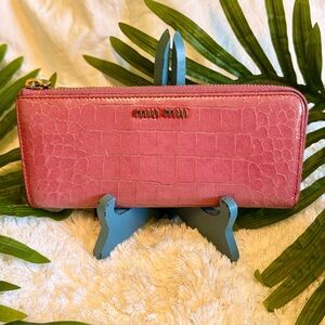 MIU MIU Pink Bubblegum Continental Soft Croc Italian Leather Long Zipper Wallet